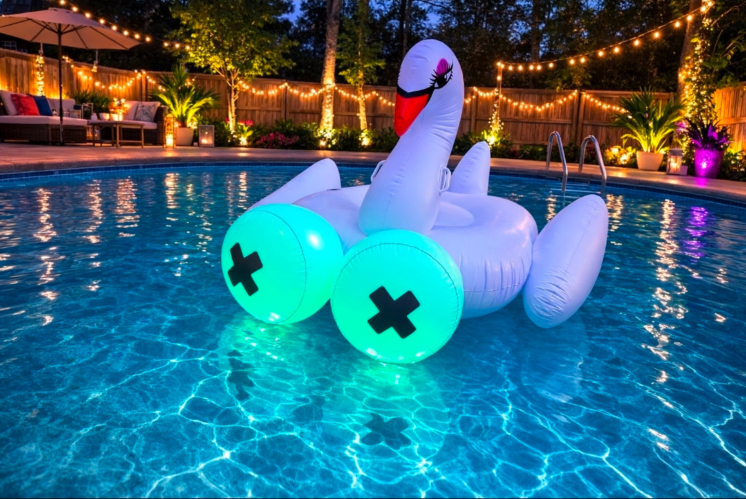 Inflatable swan pool float with glowing boobs in a pool at night.